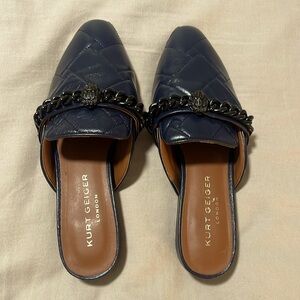 Kurt Geiger London Soho Drench Navy Leather Black Chain Mule Size 8.5